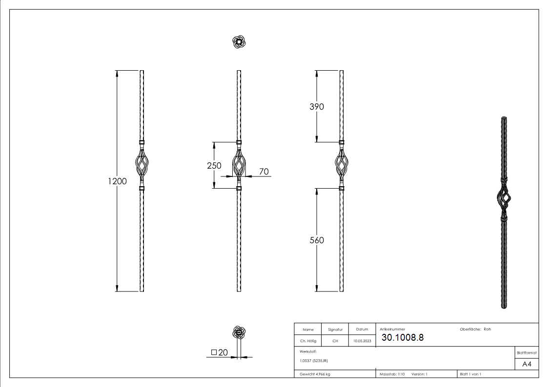 Anfangsstab Länge: 1200 mm Material: 20x20 mm Stahl S235JR, roh