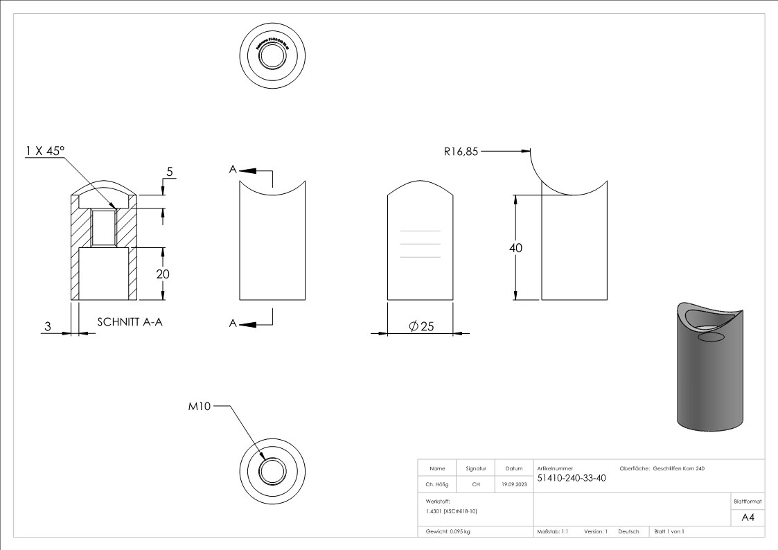 Abstandshalter für Rohr 33,7mm, Länge 40mm, mit M10 Innengewinde, V2A