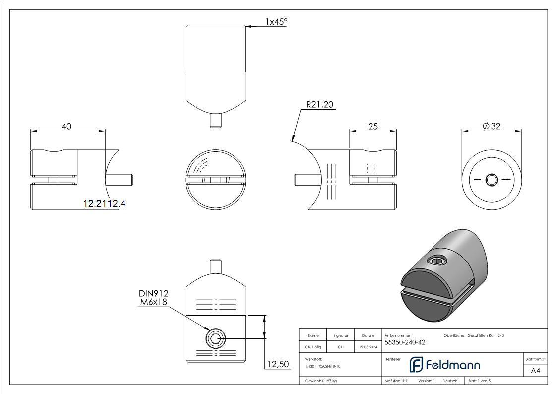 Blechhalter Ø 32 mm | Anschluss Ø 42,4 mm | V2A