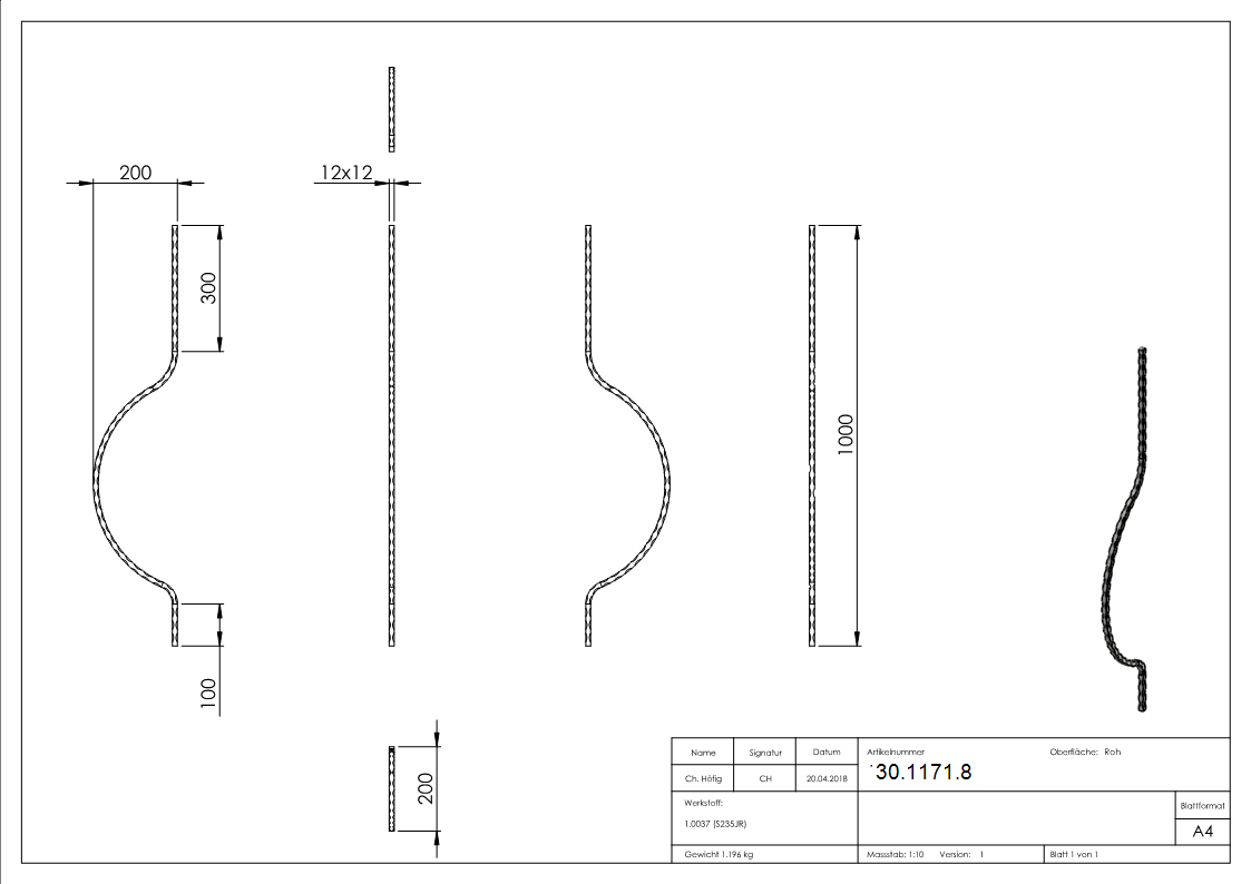 Bauchstab | Länge: 1000 mm | Material: 12x12 mm | Stahl S235JR, roh