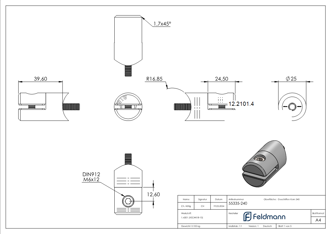 Blechhalter Ø 25 mm V2A für Anschluss Ø 33,7 mm