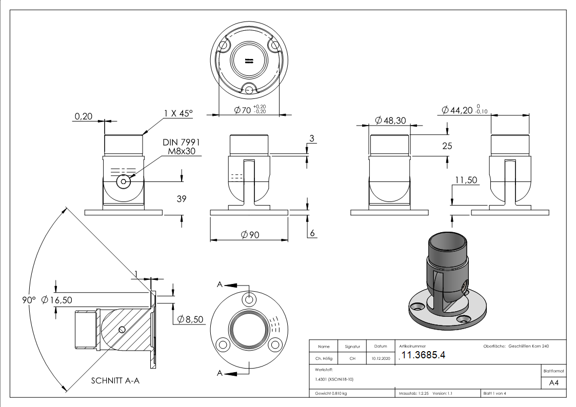 Wandhalterung flexibel, für Rundrohr Ø 48,3x2,0 mm V2A