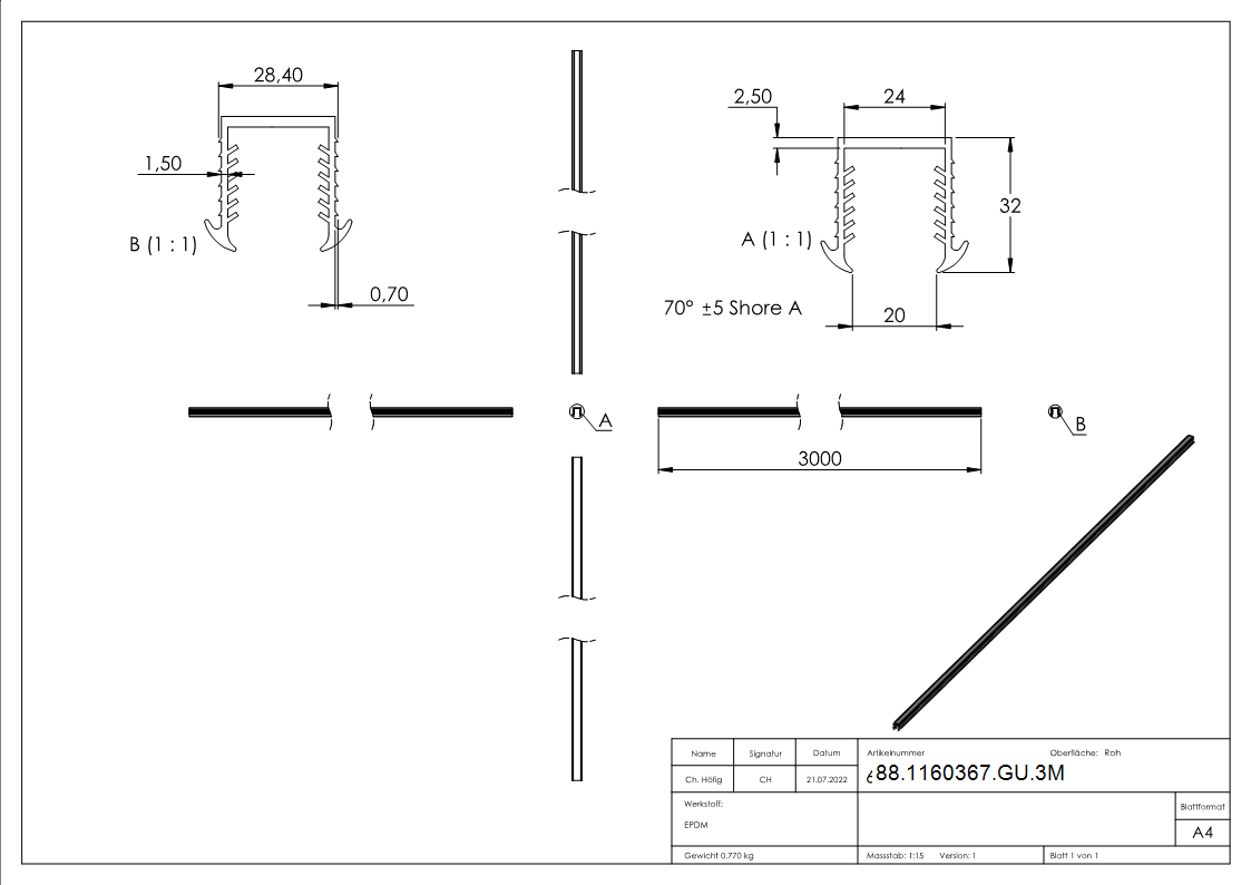 Keildichtung Glas 20,76 – 21,52mm, für Nut 27 x 30mm, Länge 3m, EPDM