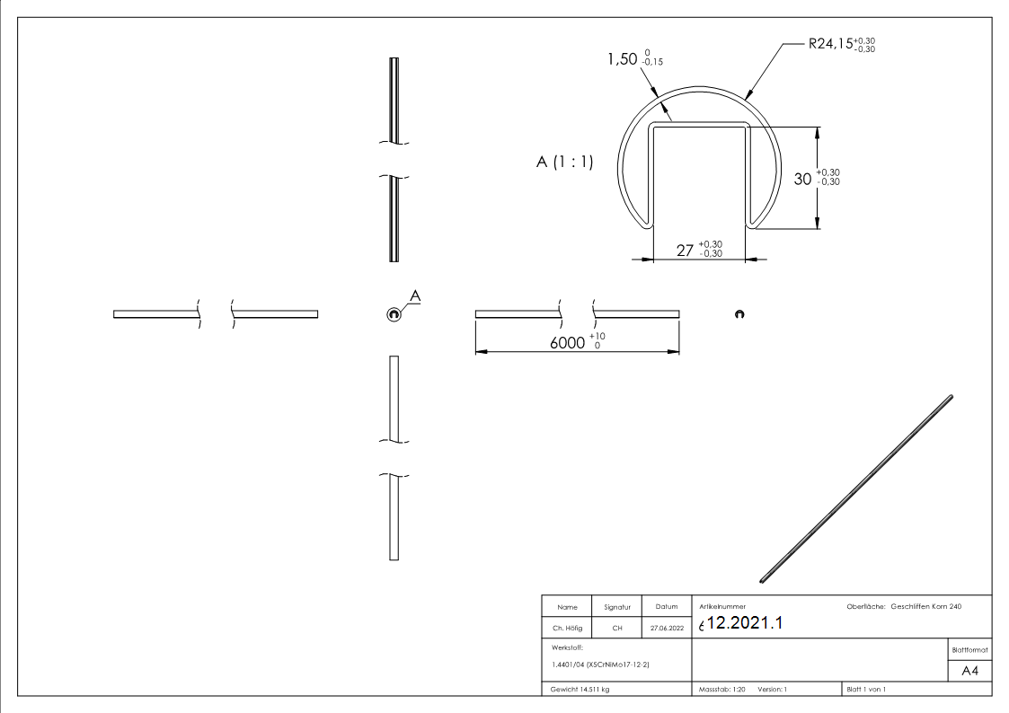 Nutrohr | Maße: Ø 48,3x1,5 mm | mit Nut: 27x30 mm | Länge: 6000 mm | V4A