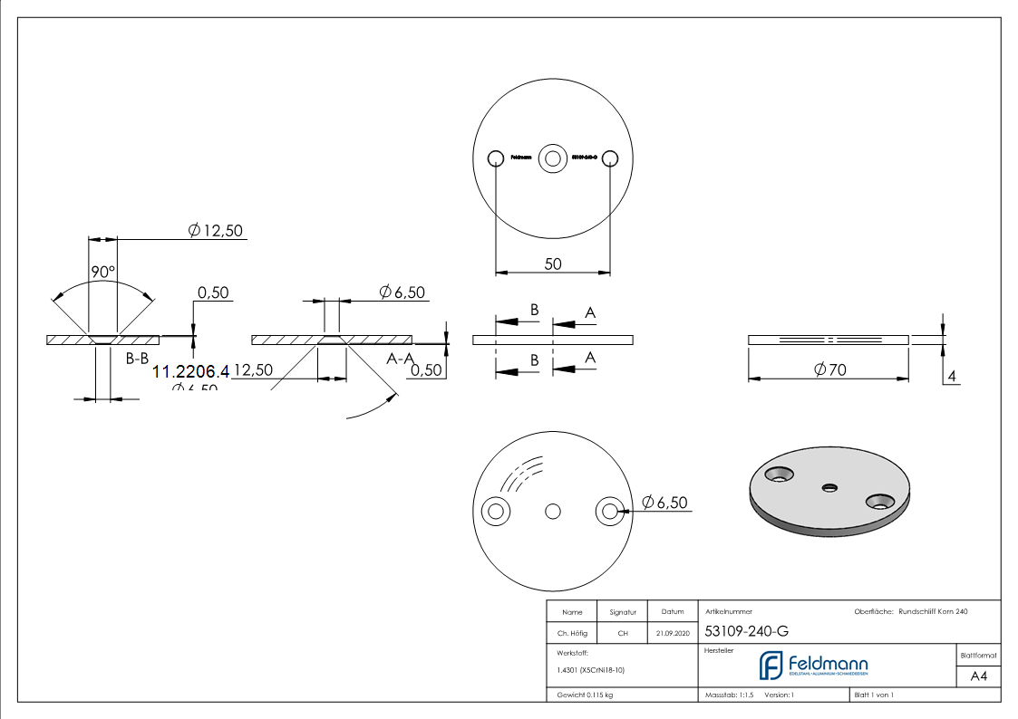 Ankerplatte | Ø 70 x 4 mm | mit Zentrierbohrung: Ø 6,5 mm, gesenkt | V2A