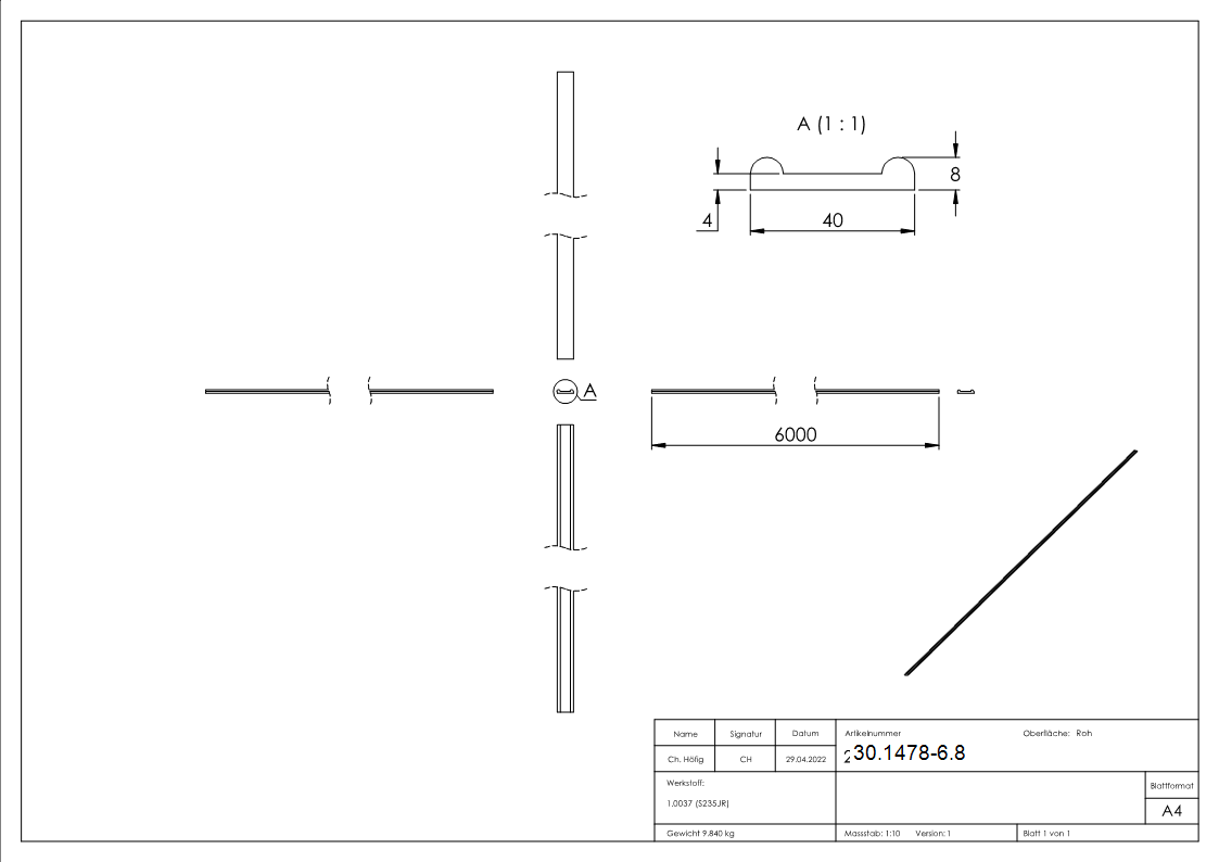 Hespeneisen | Maße: 40x8x4 mm | Länge: 6000 mm | Stahl S235JR, roh