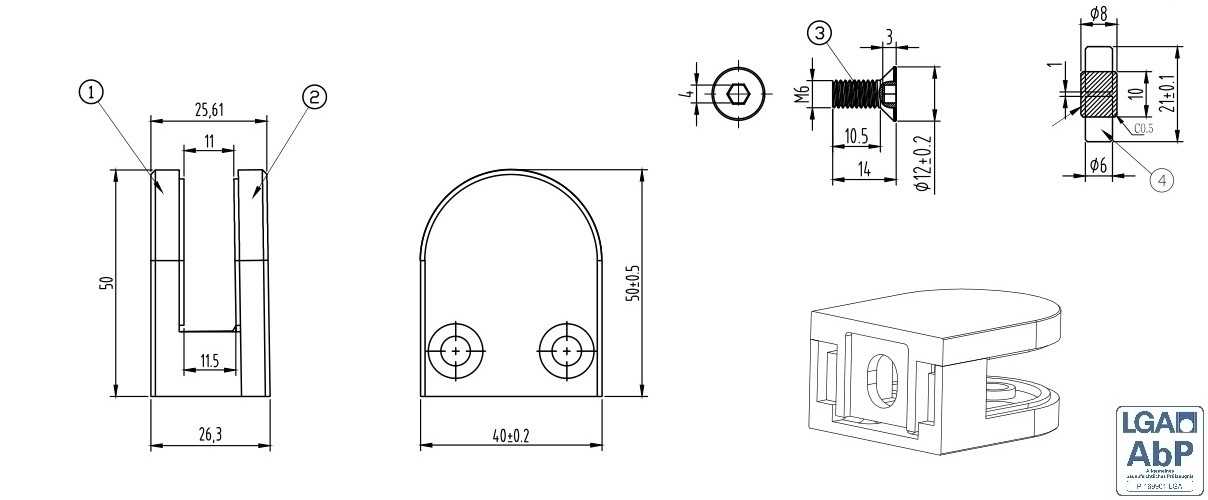 Glasklemme | Maße: 50x40x26 mm | Anschluss flach | V2A 1 Parr Gummis 8,00 mm ESG