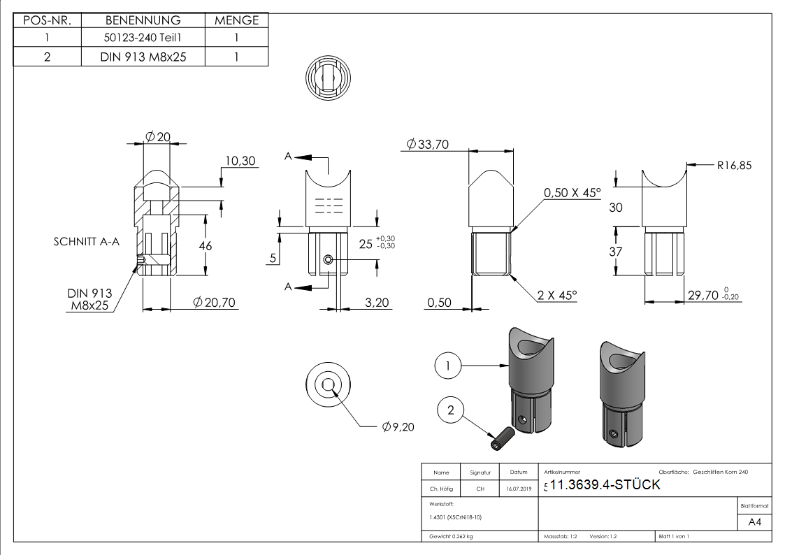 Anschlussstück 90° für Rundrohr Ø 33,7x2,0 mm V2A