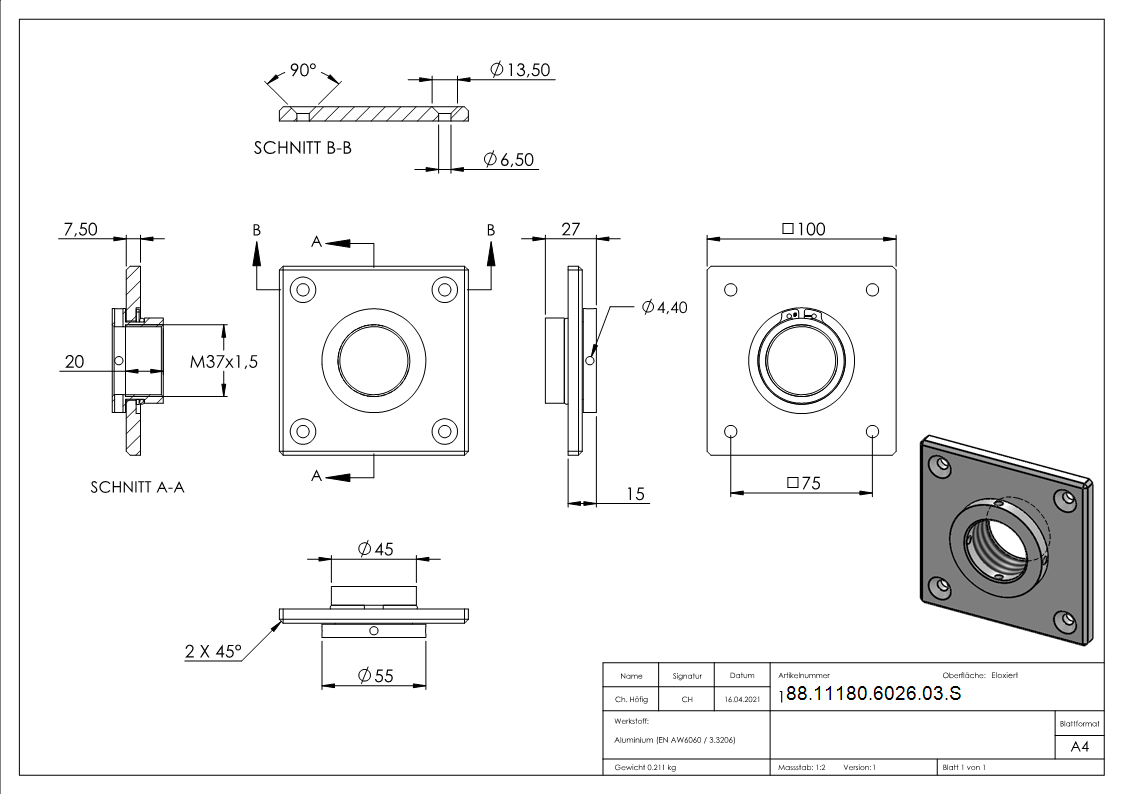 Montageplatte eckig 100 x 100 mm