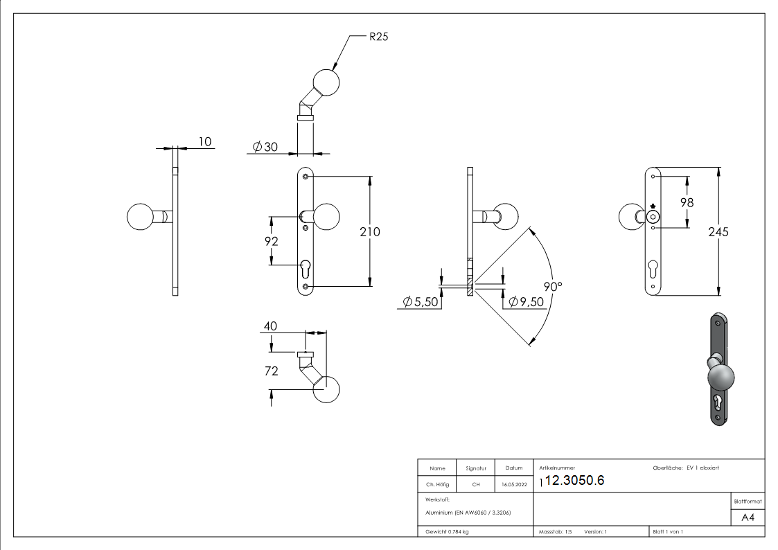 Alu-Türknopf mit Kugel | Maße: 30x245x10 mm | Form: gekröpft | Aluminium EV1