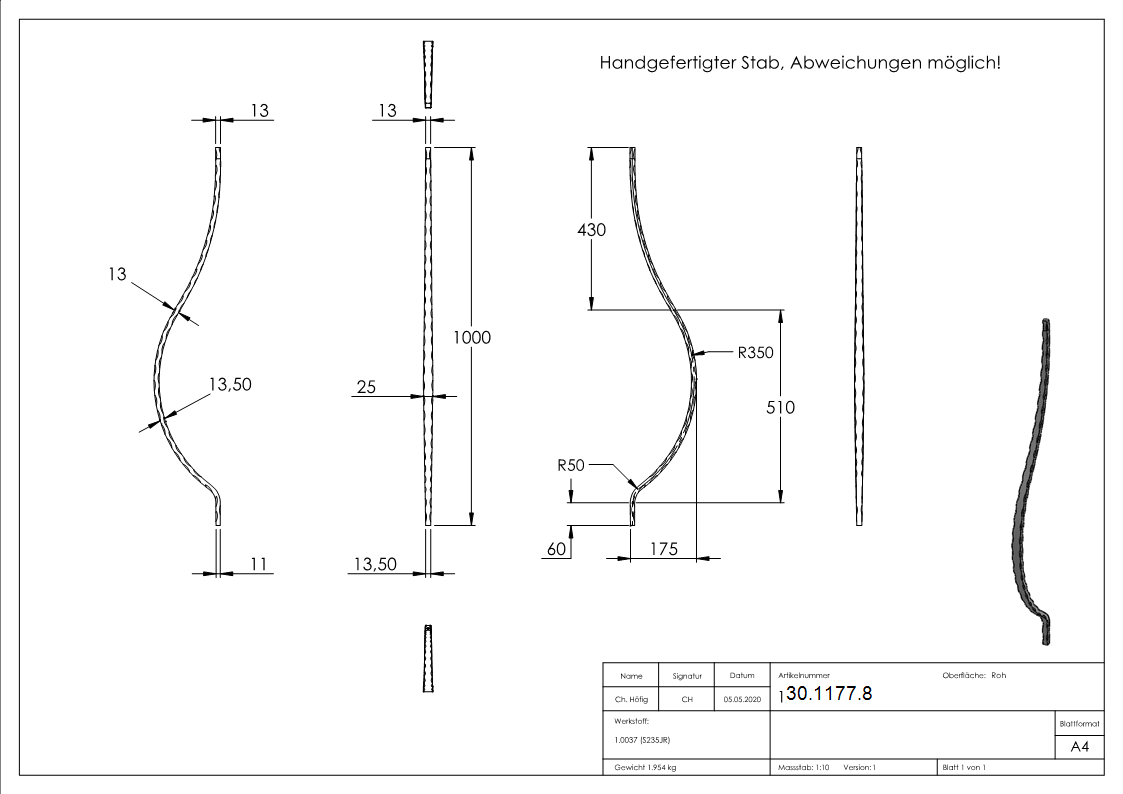 Bauchstab | Länge: 945 mm | Material: 13x13 mm | Stahl S235JR, roh