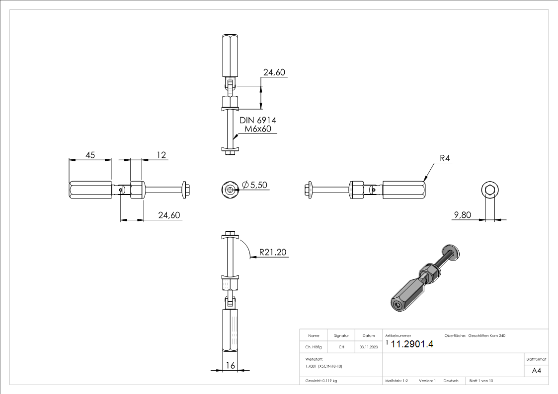 Gewindeterminal mit Gelenk | Für Seil Ø 5 mm | zur Selbstmontage für Pfosten Ø 42,4 mm | V2A