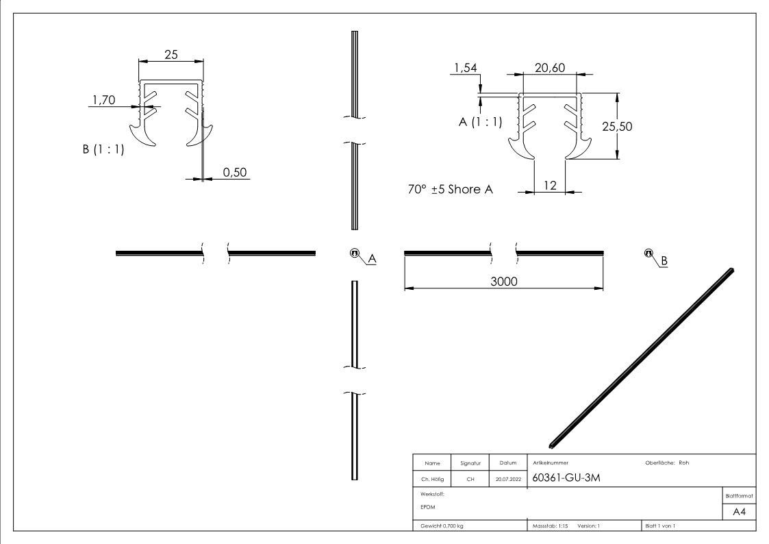 Keildichtung Glas 11,52 - 13,52mm, für Nut 24x24mm