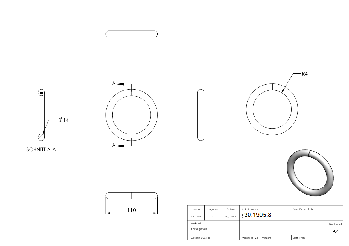 Ring | Material: 14 mm | Außen-Ø: 110 mm | Stahl S235JR, roh