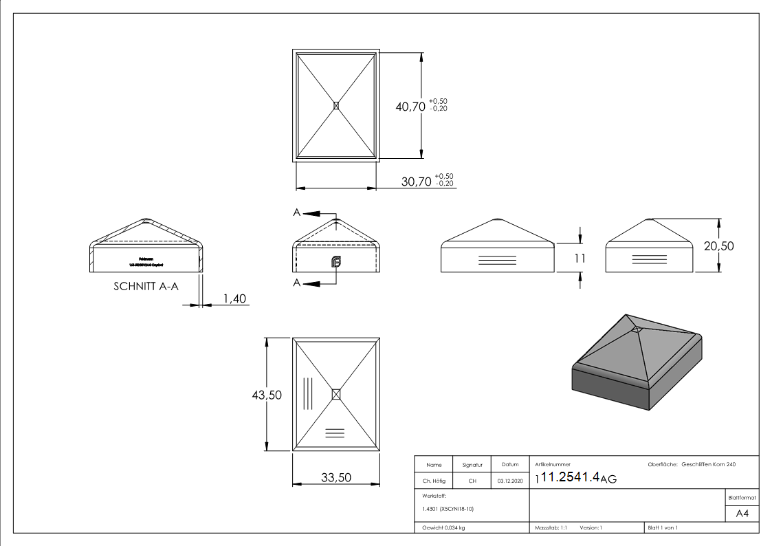 Pfostenabdeckung | für Vierkantrohr: 40x30 mm | V2A