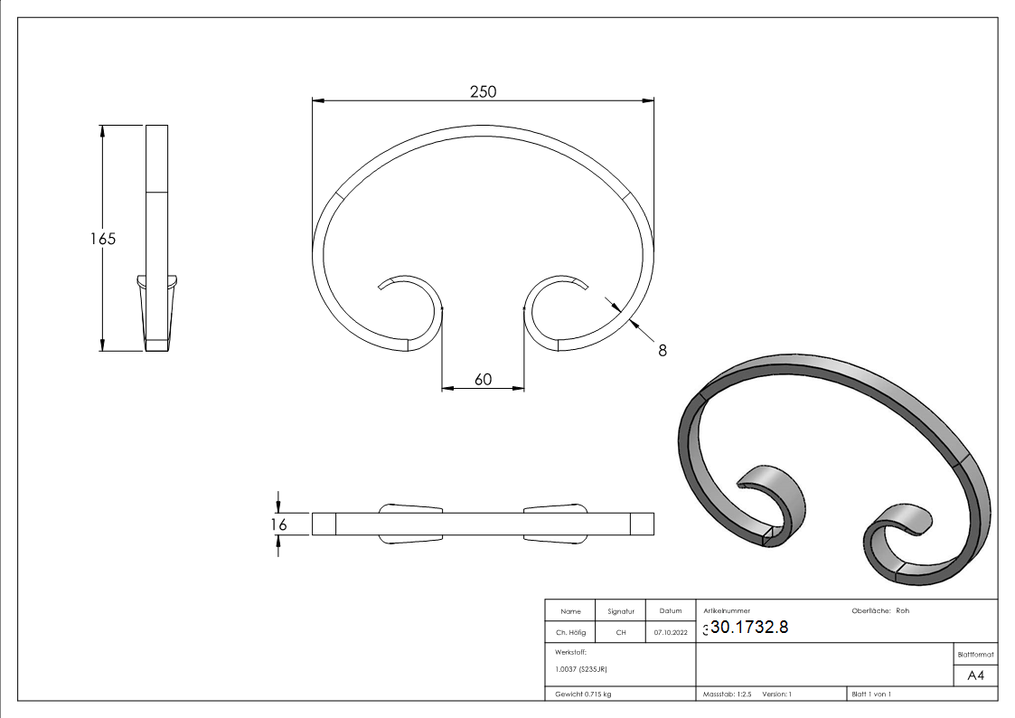 Schnecke | Maße: 250x165 mm | Material: 16x8 mm, glatt | Stahl S235JR, roh