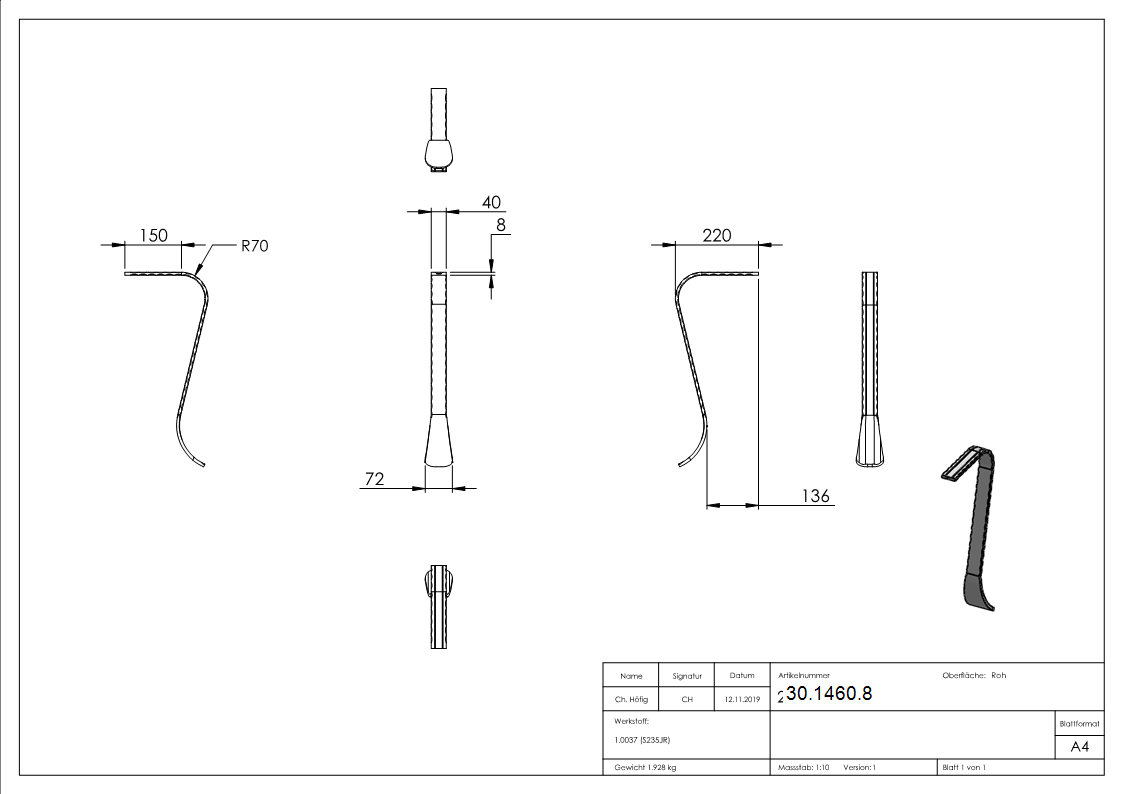 Handlauf-Endstück | Material: 40x8 mm | gehämmert | Stahl (Roh) S235JR