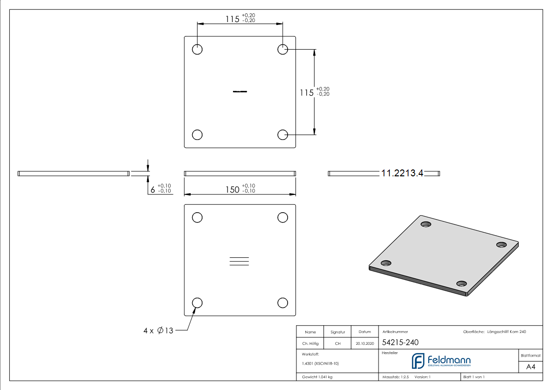 Ankerplatte | Maße: 150 x 150 x 6 mm | mit 4 Bohrungen á Ø 14 mm | V2A