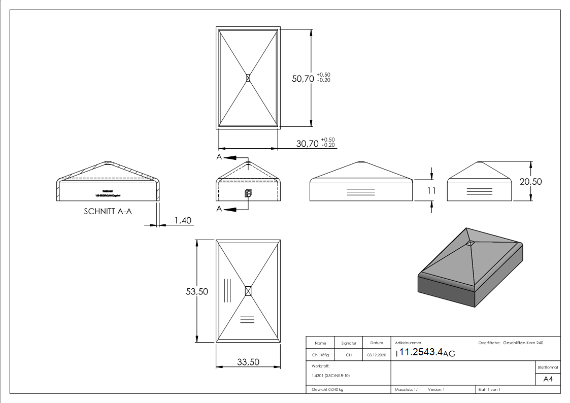 Pfostenabdeckung | für Vierkantrohr: 50x30 mm | V2A