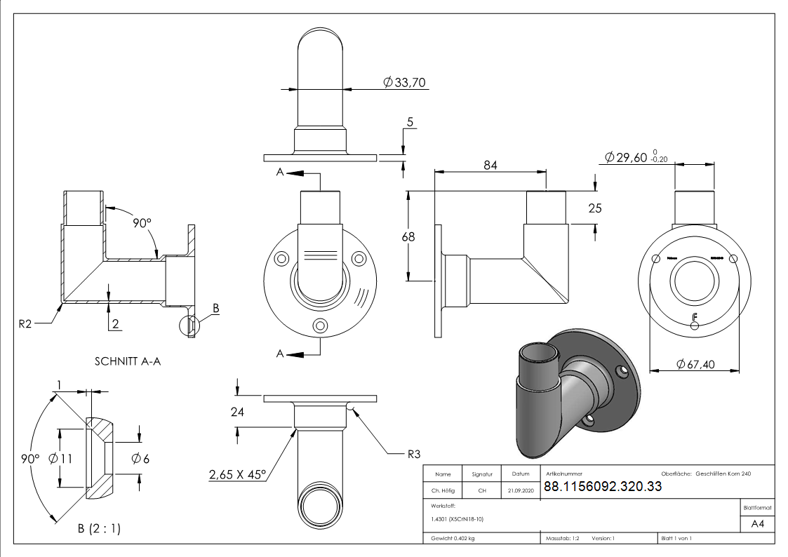 Wandhalter 90° für Rohr 33,7 x 2,0mm