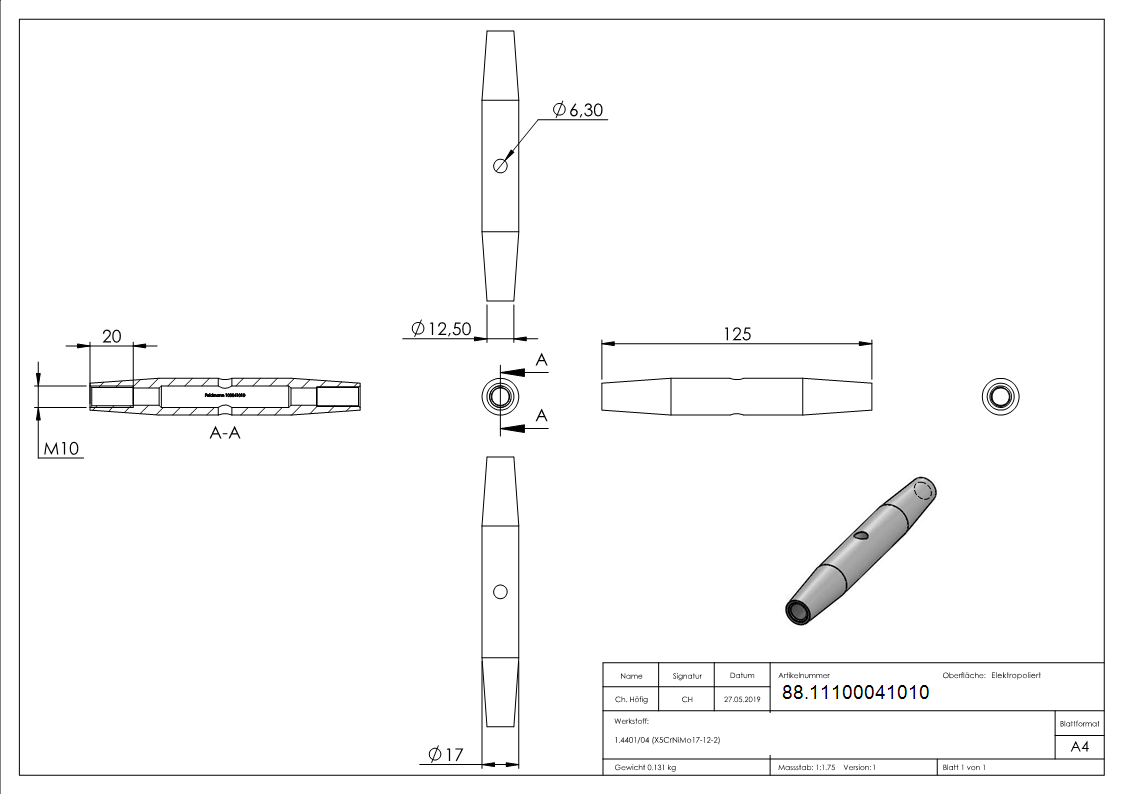 Wantenspanner mit Links- und Rechtsgewinde M10,V4A