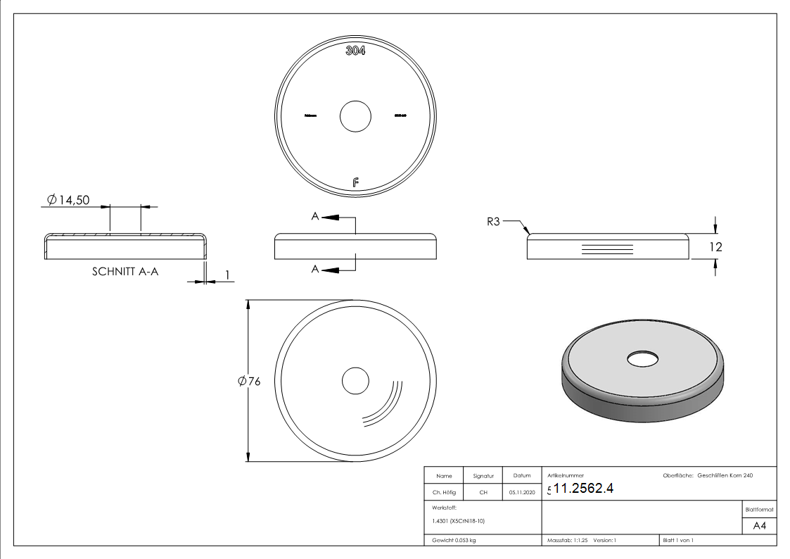 Abdeckrosette Ø 76x12 mm für Rundrohr: Ø 14 mm V2A