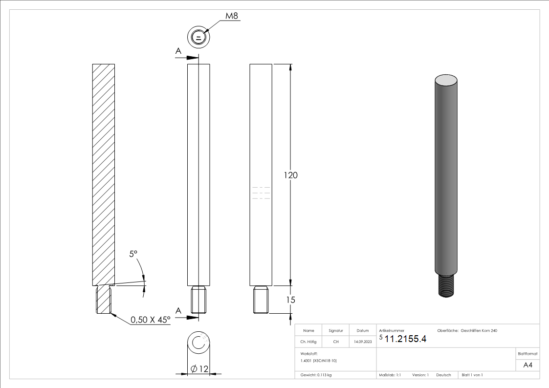 Stift | Maße: 120x12 mm | Gewinde: M8x15 mm | zum Anschweißen | V2A