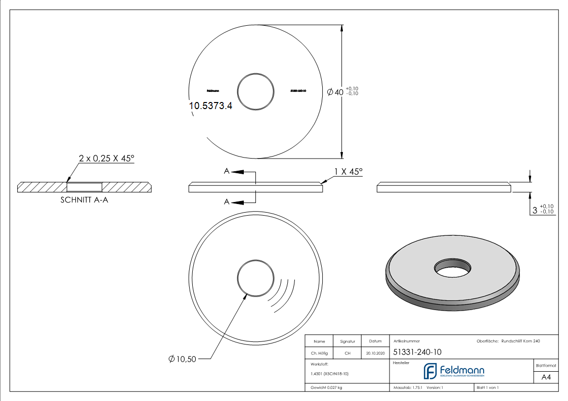 Ausgleichsstück Ø 40 mm mit Bohrung 10,5 mm V2A