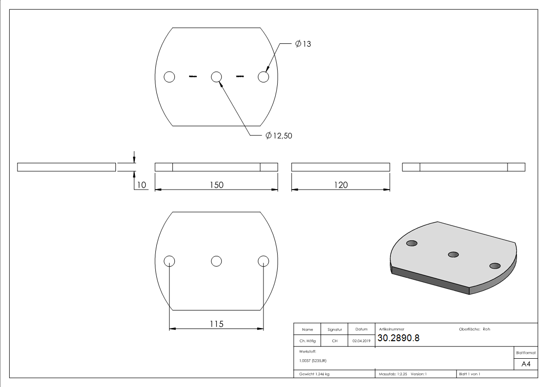 Ankerplatte 150x120x10 mm 3 Bohrungen |  Stahl roh