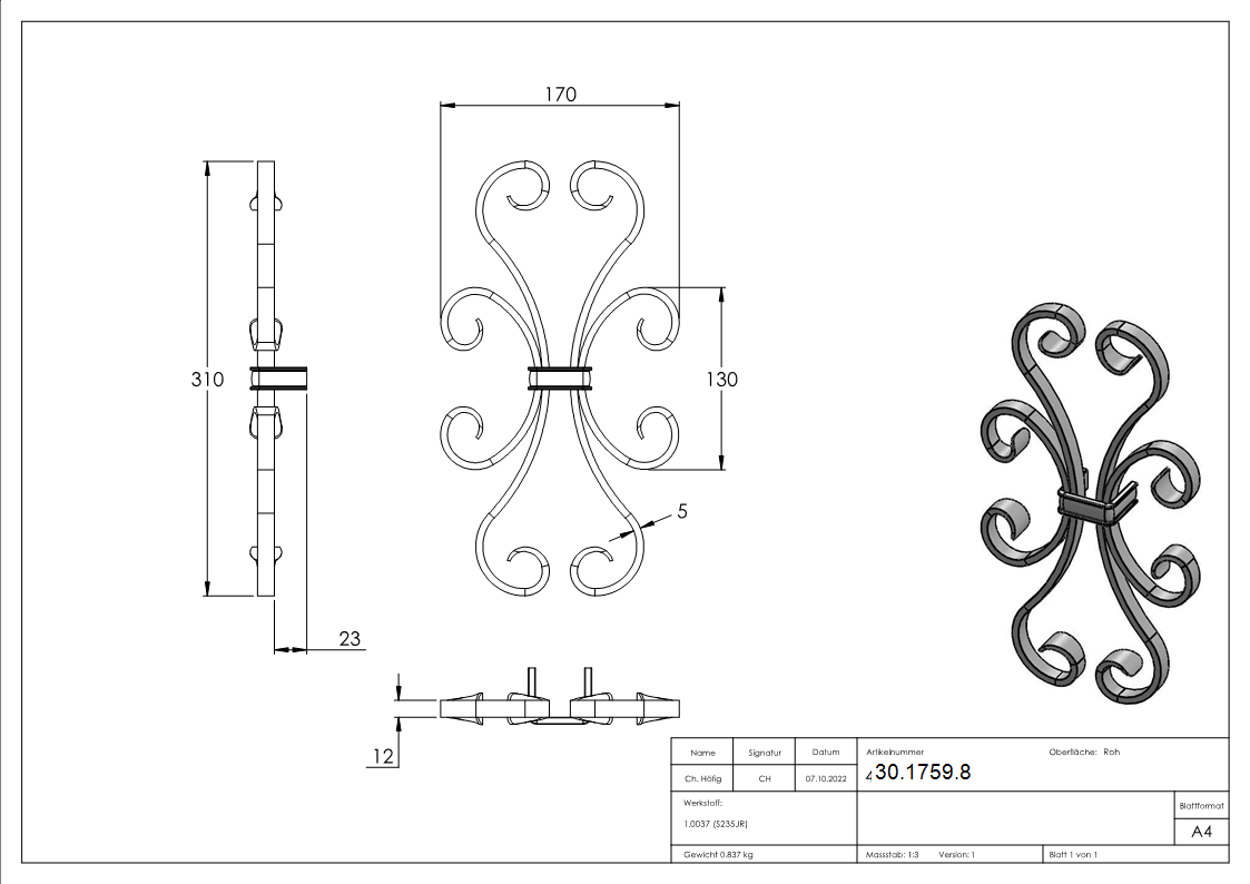 Leichtbarock | Maße: 310x170 mm | Material 12x5 mm | Stahl S235JR, roh