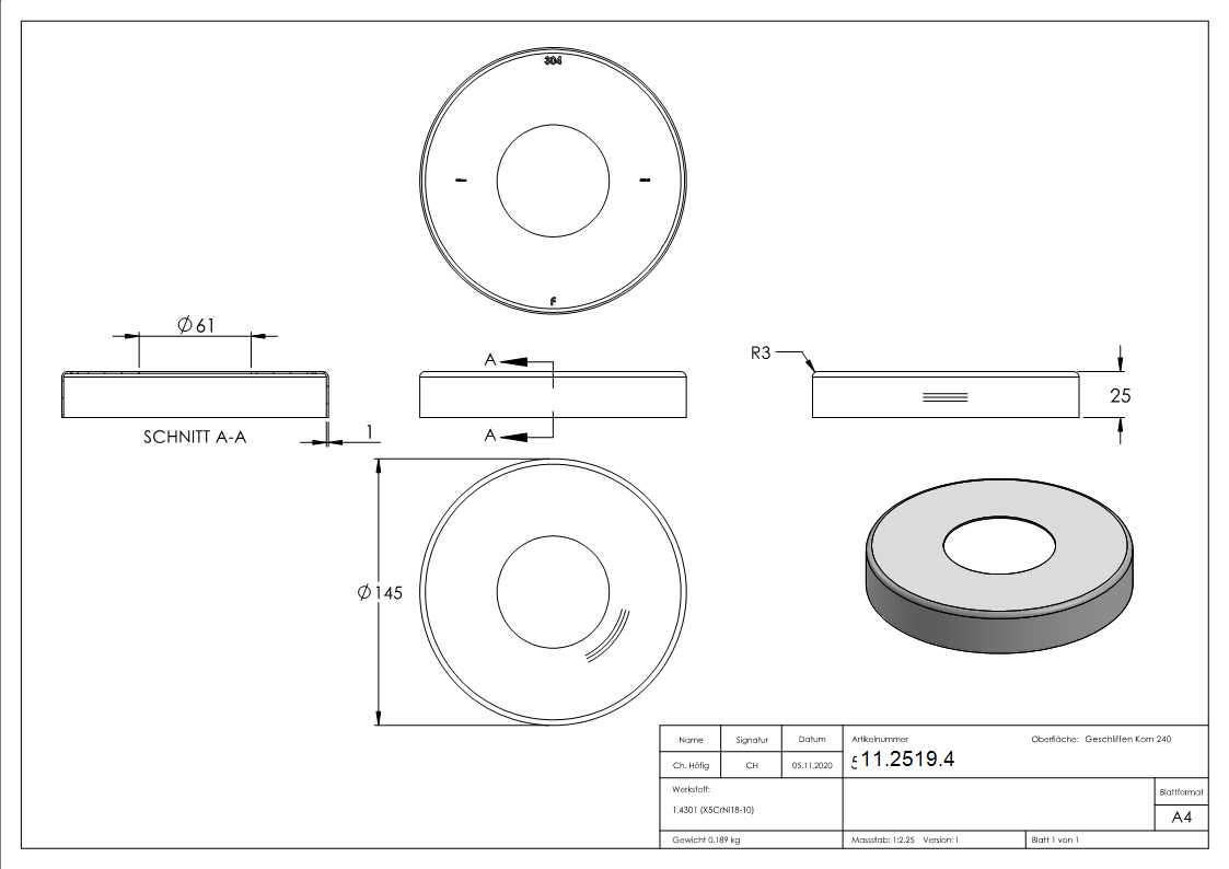 Abdeckrosette Ø 145x25 mm für Rundrohr: Ø 60,3 mm V2A