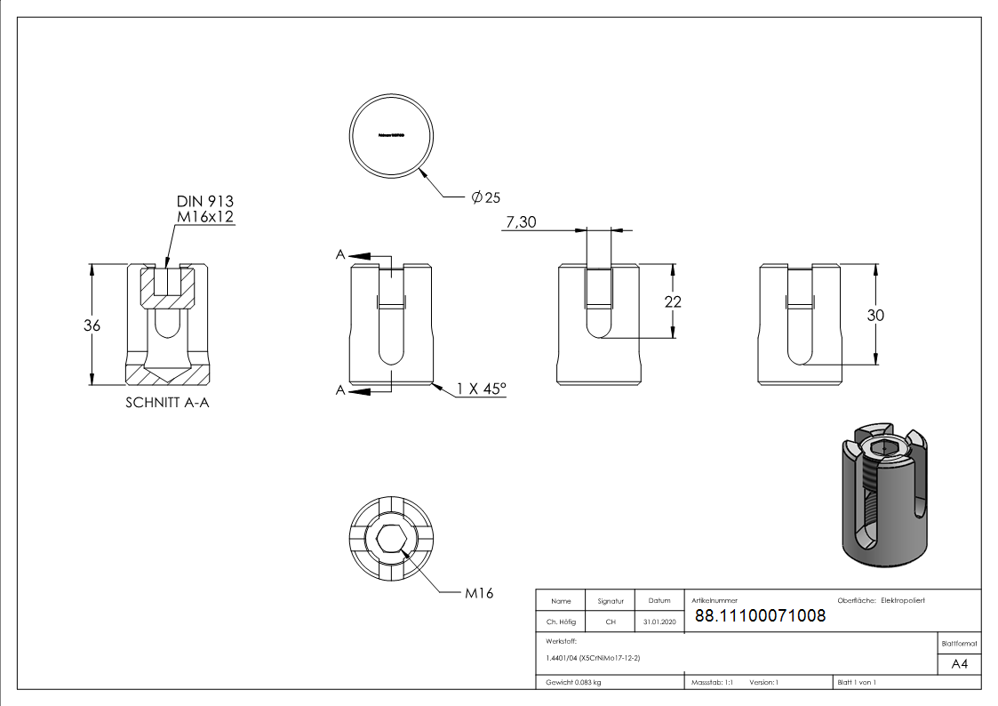 Kreuzklemme für Seil Ø 8mm, V4A