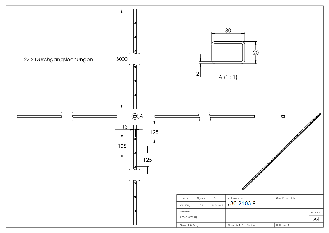 Rechteckrohr | Maße: 30x20x2 mm | Länge: 3000 mm | Stahl S235JR, roh