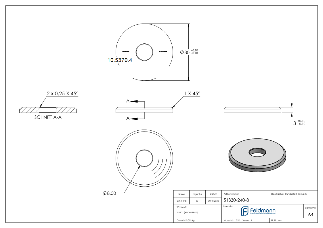 Ausgleichsstück Ø 30 mm mit Bohrung 8,5 mm V2A