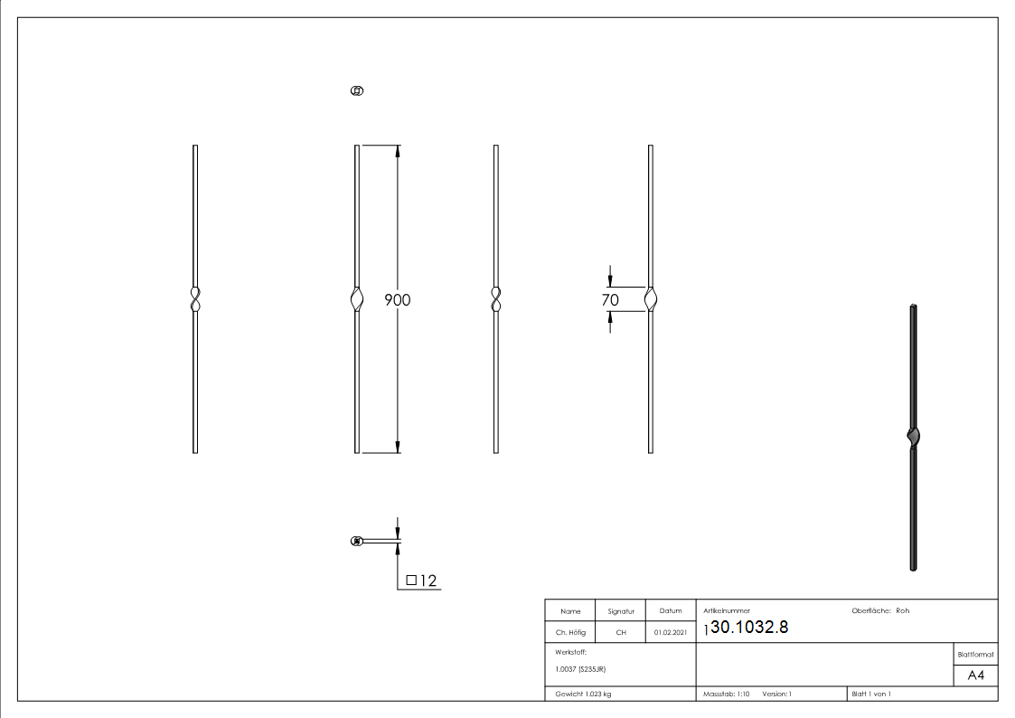 Zwischenstab | Länge: 900 mm | Material: 12x12 mm | glatt | Stahl S235JR, roh