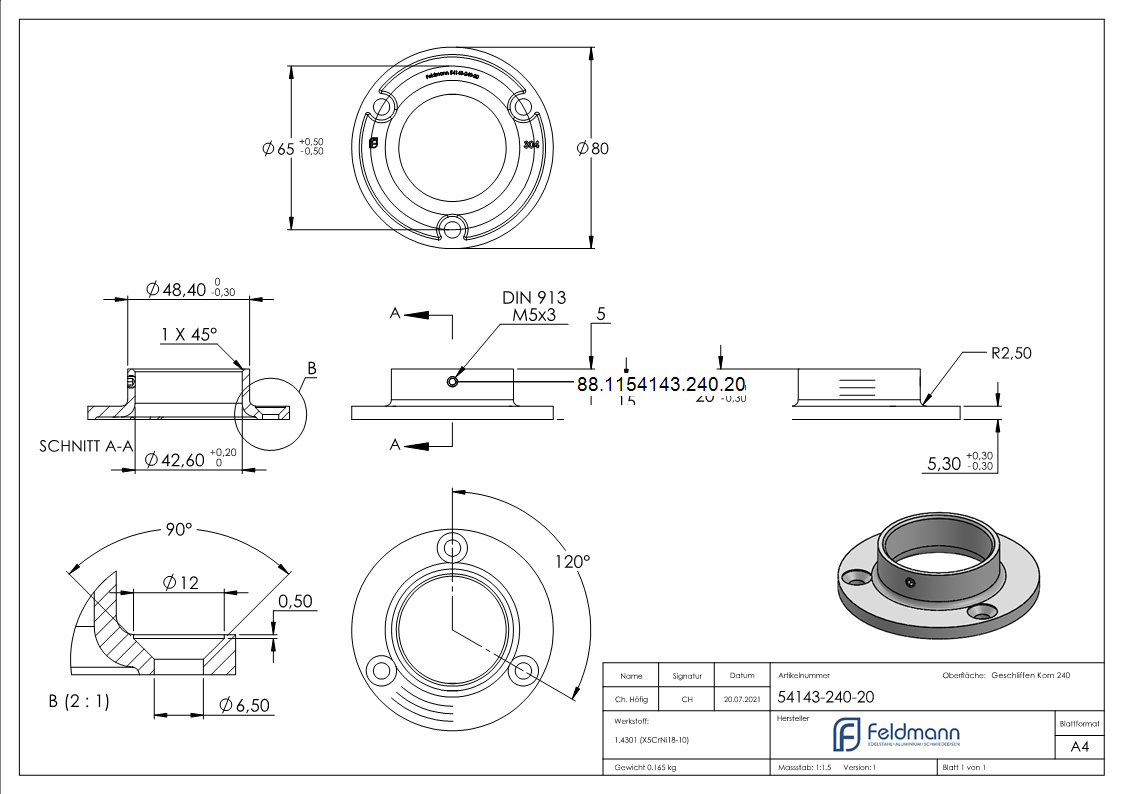 Bodenanker für Rohr 42,4mm, V2A