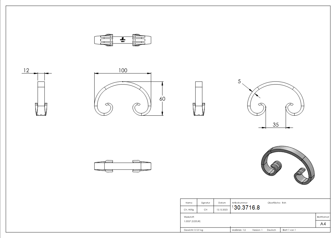 C-Schnecke | Maße: 60x100 mm | Material: 12x5 mm | Stahl S235JR, roh