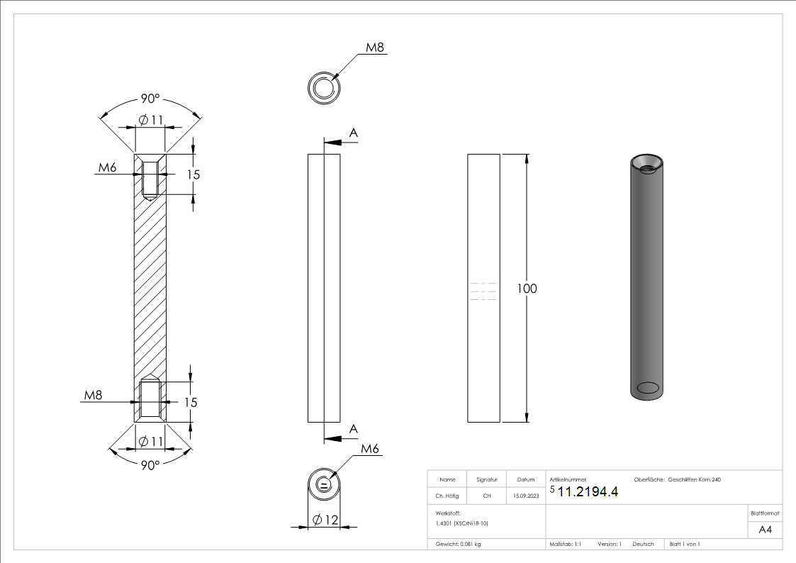 Stift | Maße: 100x12 mm | mit 2 Innengewinde: M6x15 und M8x15 mm | V2A