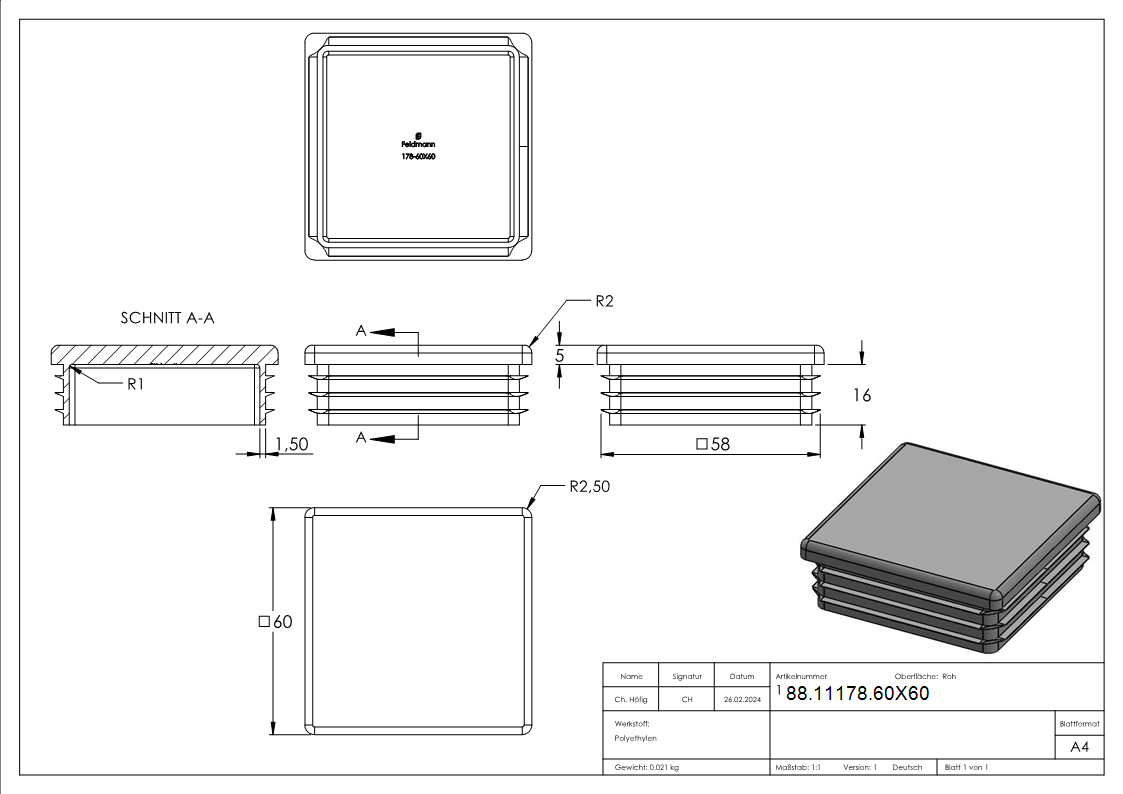 Kunststoffkappe für Quadratrohr 60x60mm