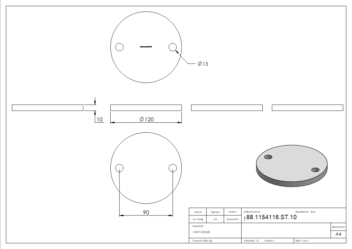 Ankerplatte 120x10 mm 2 Bohrungen |  Stahl roh