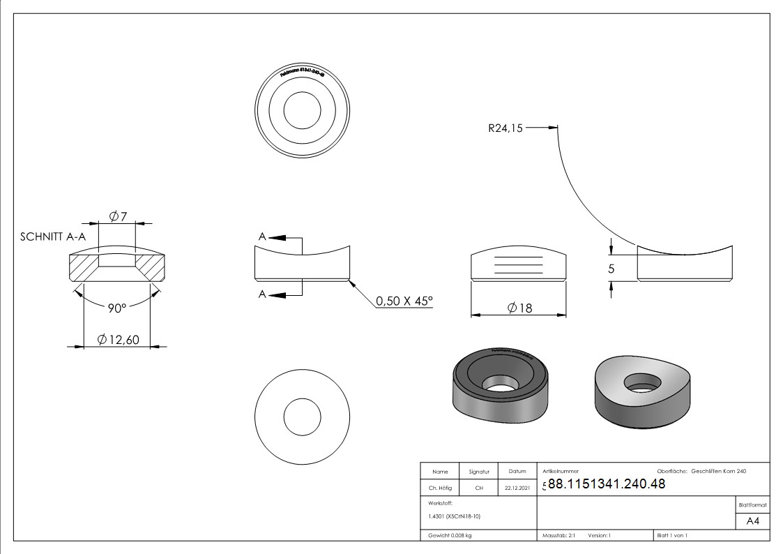 Ausgleichsstück für Rohr 48,3mm, Ø 18mm, mit gesenkter Bohrung 7mm, V2A