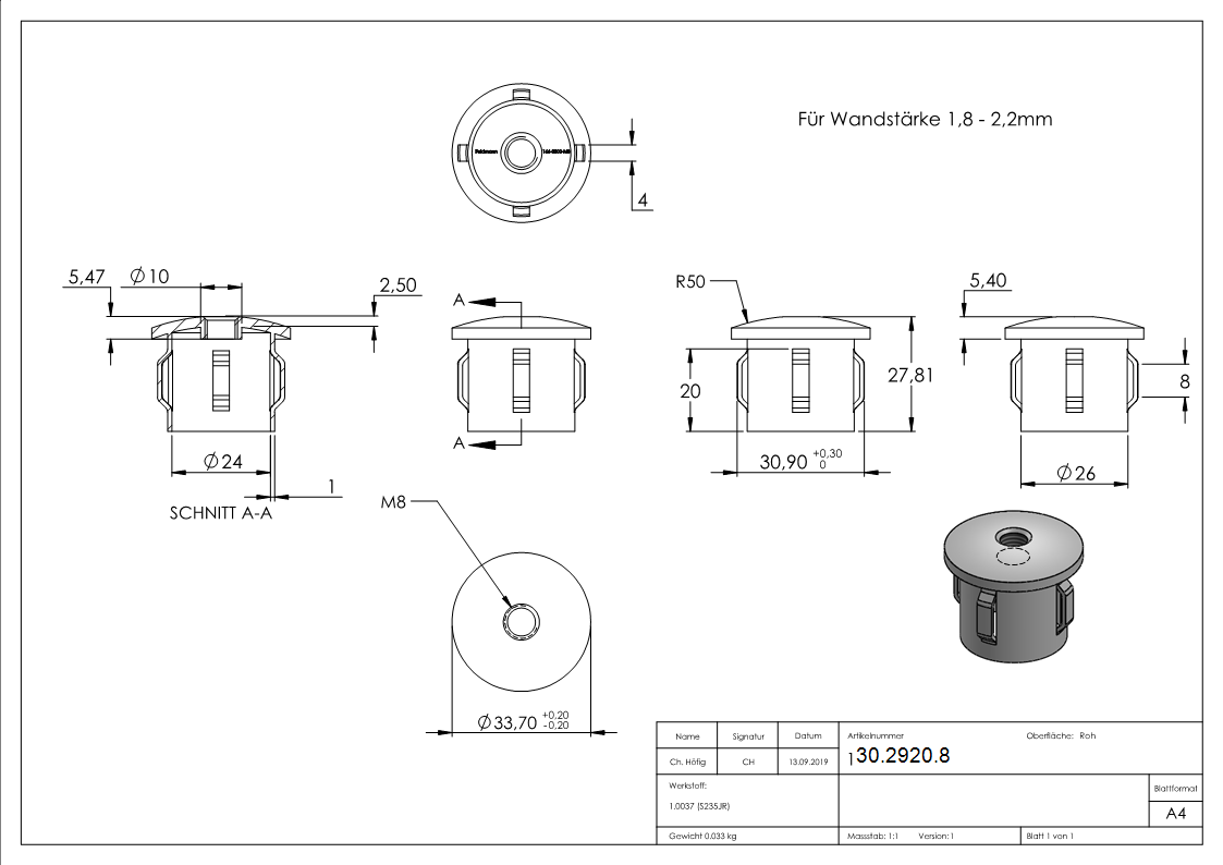 Stahlstopfen | leicht gewölbt | mit M8 | für Rundrohr Ø 33,7x1,8-2,2 mm | Stahl S235JR, roh