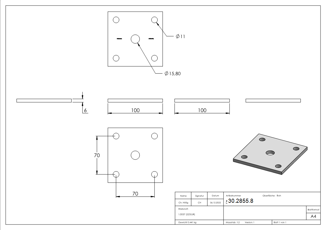 Ankerplatte 100x100x6 mm 5 Bohrungen |  Stahl roh