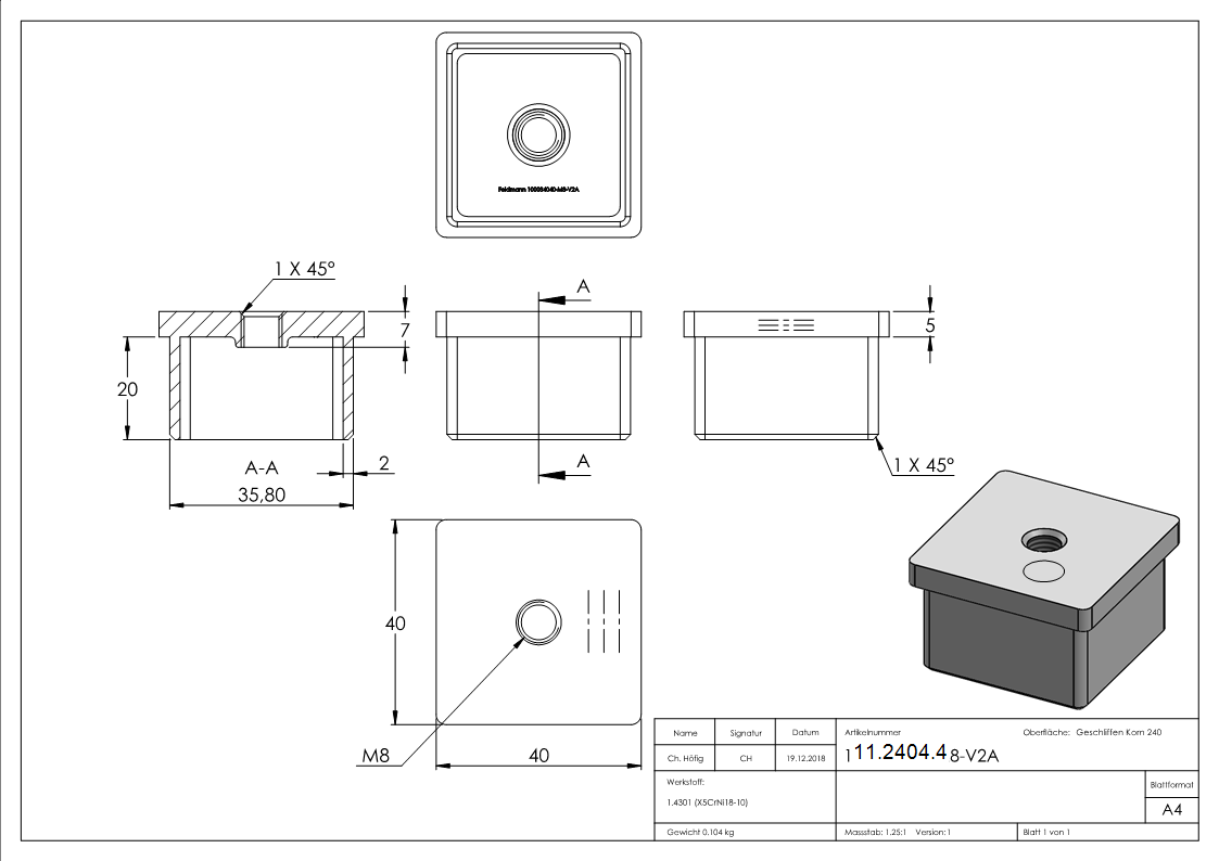 Einsteckkappe V2A mit M8 zum Kleben für Rohr 40x40x2,0 mm