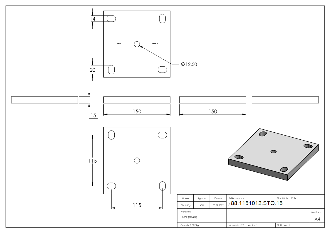 Ankerplatte 150 x 150 x 15 mm 5 Bohrungen |  Stahl roh