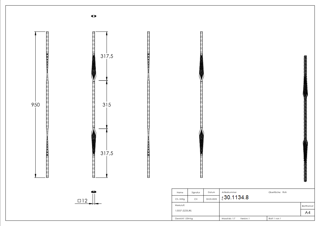 Zierstab | Länge: 900 mm | Material: 12x12 mm geschmiedet | Stahl S235JR, roh