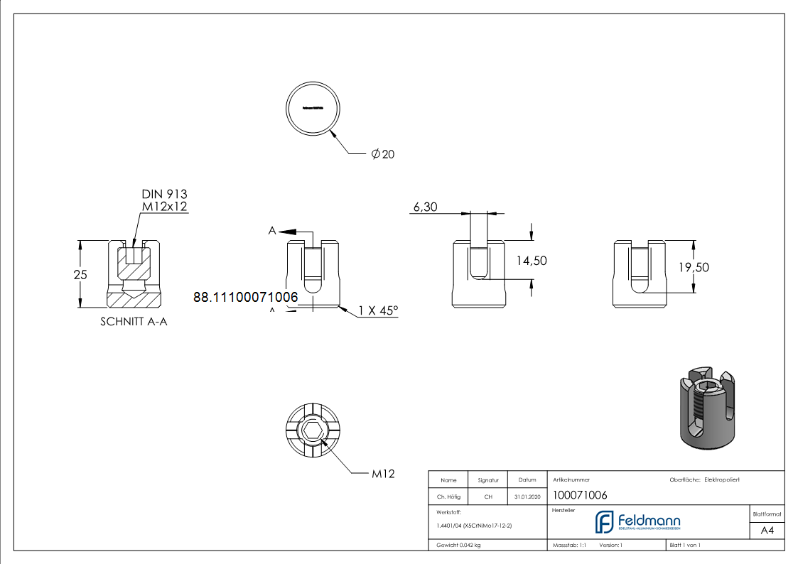 Kreuzklemme für Seil Ø 6mm, V4A