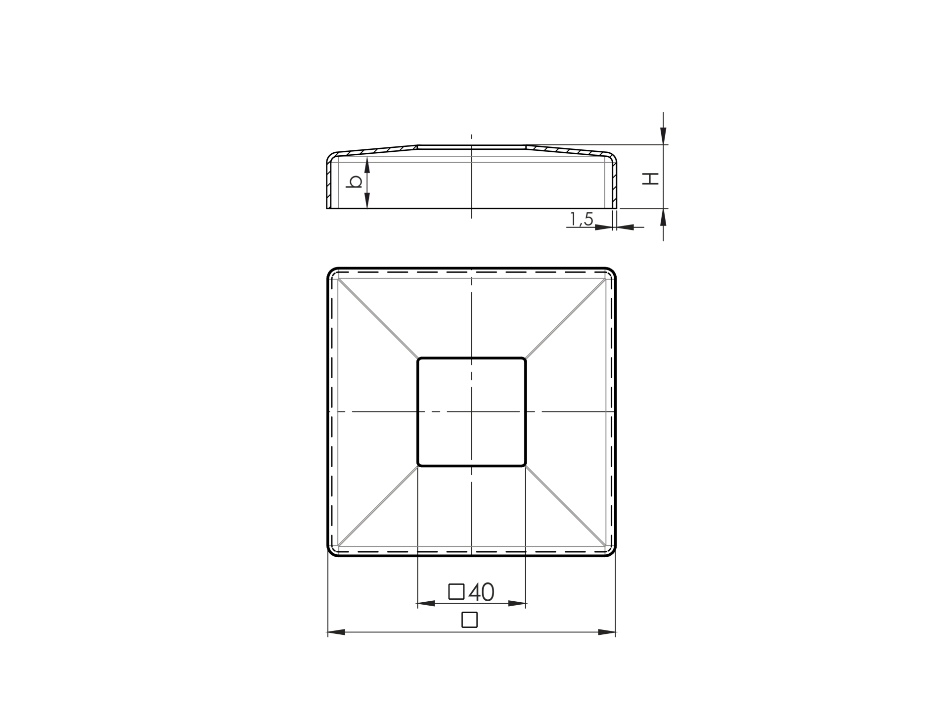 Abdeckrosette | Maße: 108x108x25 mm | für Vierkantrohr: 40x40 mm | V2A