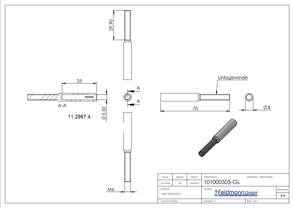 Gewindeterminal mit Außengewinde | Linksgewinde | Für Seil von Ø 5 mm |V2A