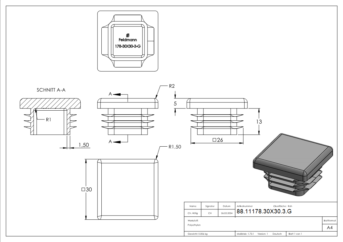 Kunststoffkappe für Quadratrohr 30x30mm